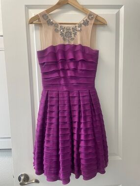 Purple Tiered Ruffle Dress with Illusion Floral Neckline